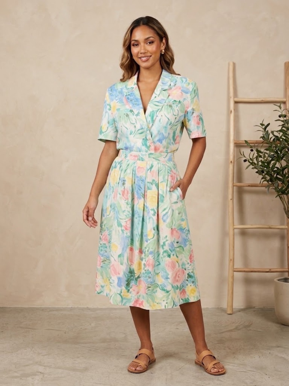 โจVintageโจ Pastel Floral Collared Jacket and Skirt Set - size 6/8